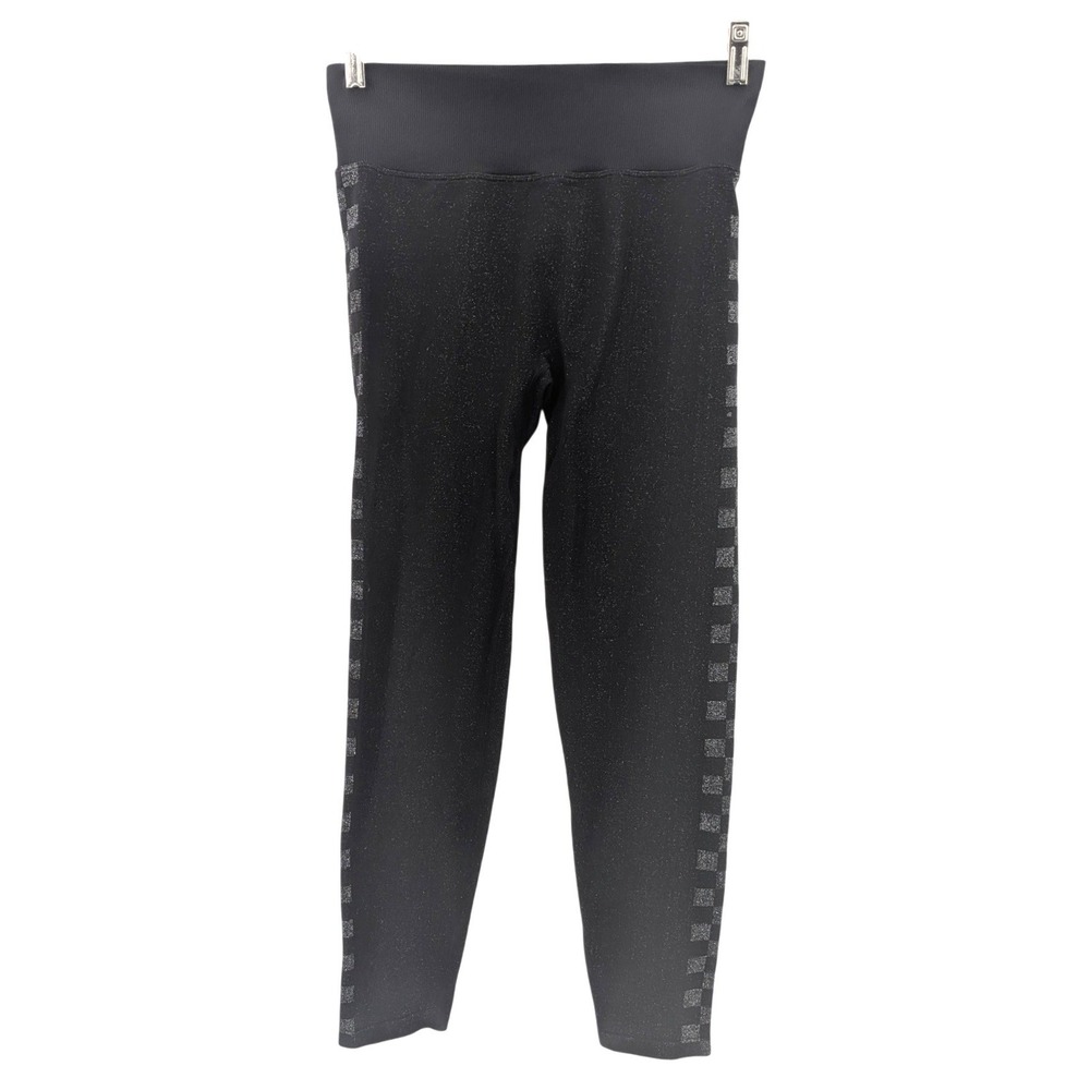 PINK‎ Active Glitter Leggings Black High Rise Checkered Side Stripe Size L